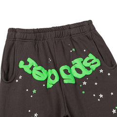 Sp5der Brown Neon Green Star Graphic Sweatpants