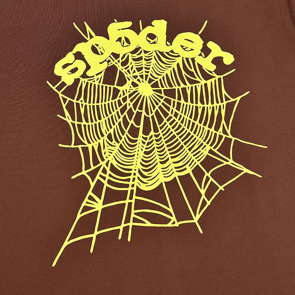 Sp5der Brown Yellow Spider Web Graphic T‑Shirt