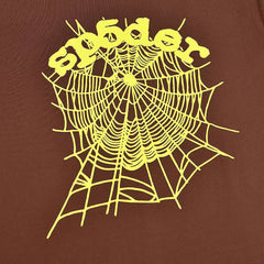 Sp5der Brown Yellow Spider Web Graphic T‑Shirt