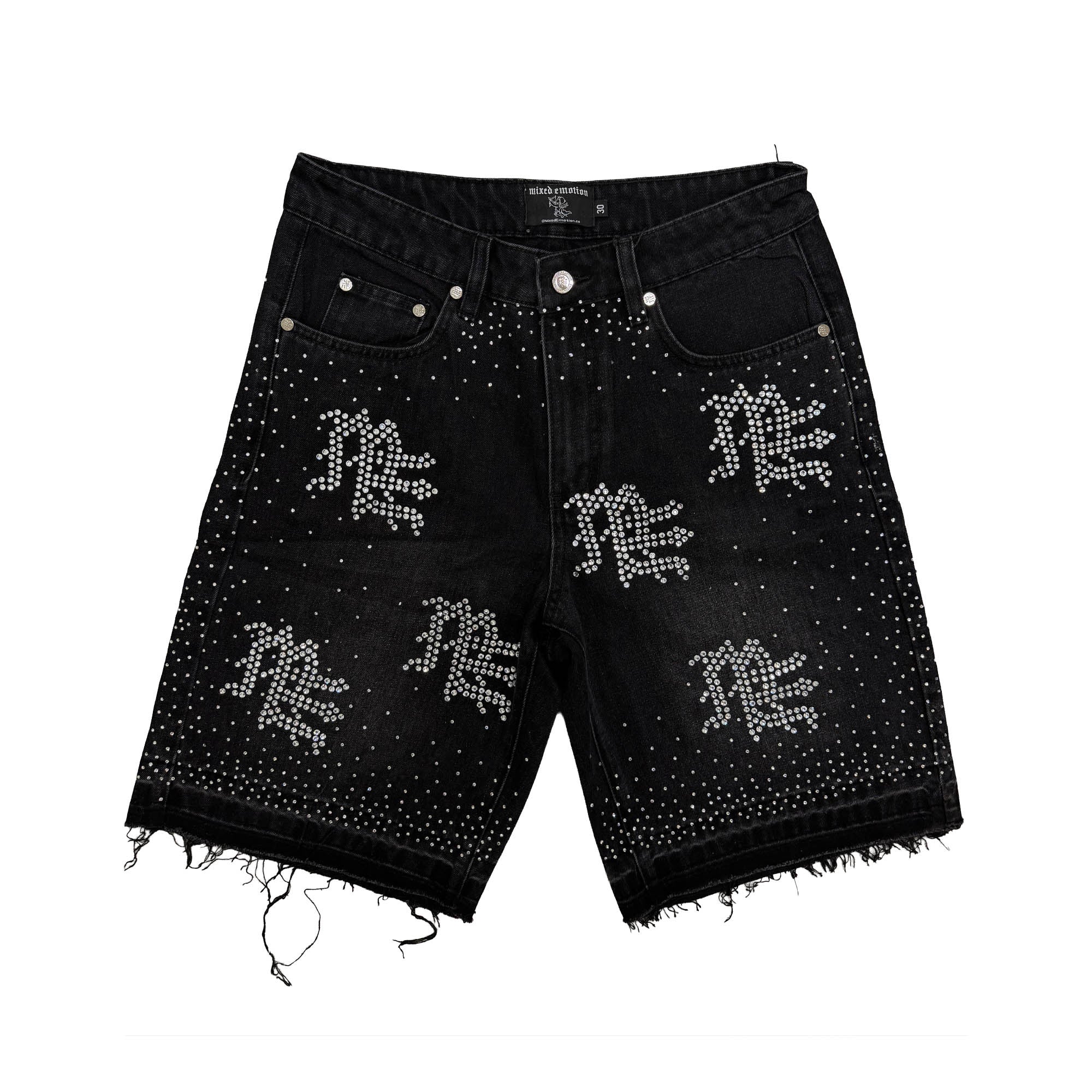 Mixed Emotion Black “ME” Rhinestone Denim Shorts
