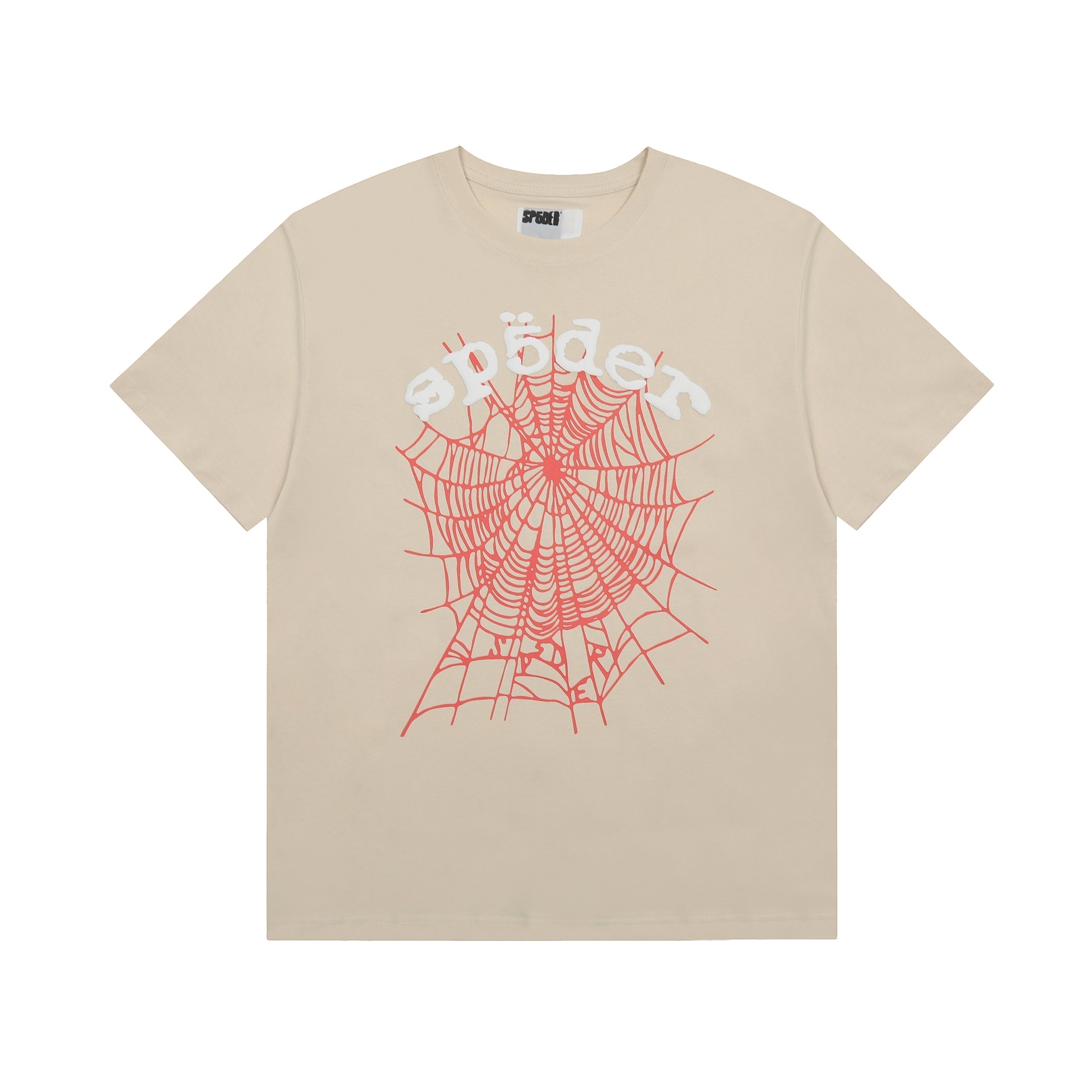 Sp5der Beige Red Spider Web Graphic T‑Shirt