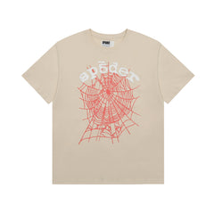 Sp5der Beige Red Spider Web Graphic T‑Shirt