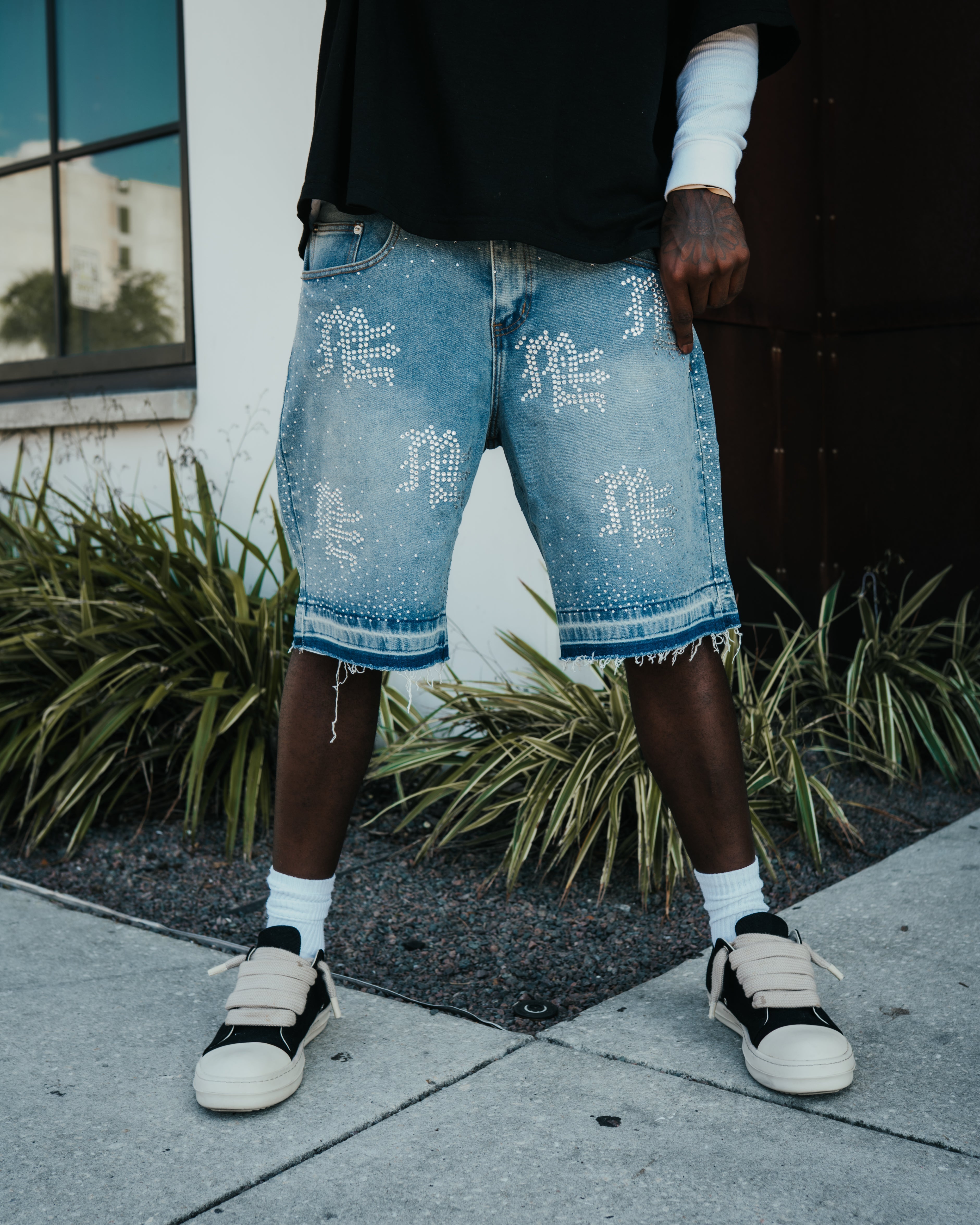 Mixed Emotion ‘ME’ Rhinestone Denim Shorts