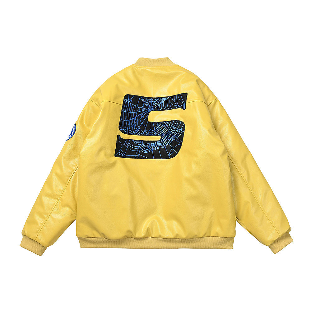 Sp5der Yellow Faux Leather Bomber Jacket