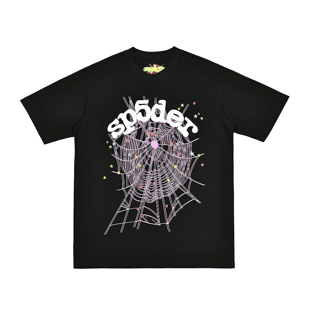 Sp5der Pink Spider Web Multi‑Star Graphic T‑Shirt