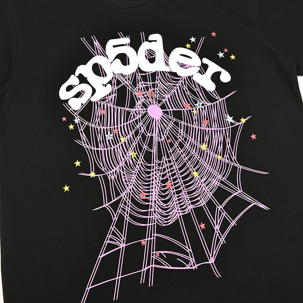 Sp5der Pink Spider Web Multi‑Star Graphic T‑Shirt