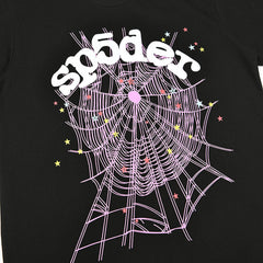 Sp5der Pink Spider Web Multi‑Star Graphic T‑Shirt