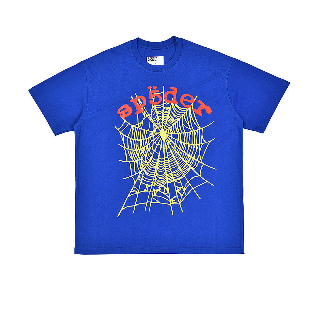 Sp5der Blue Spider Web Graphic T‑Shirt