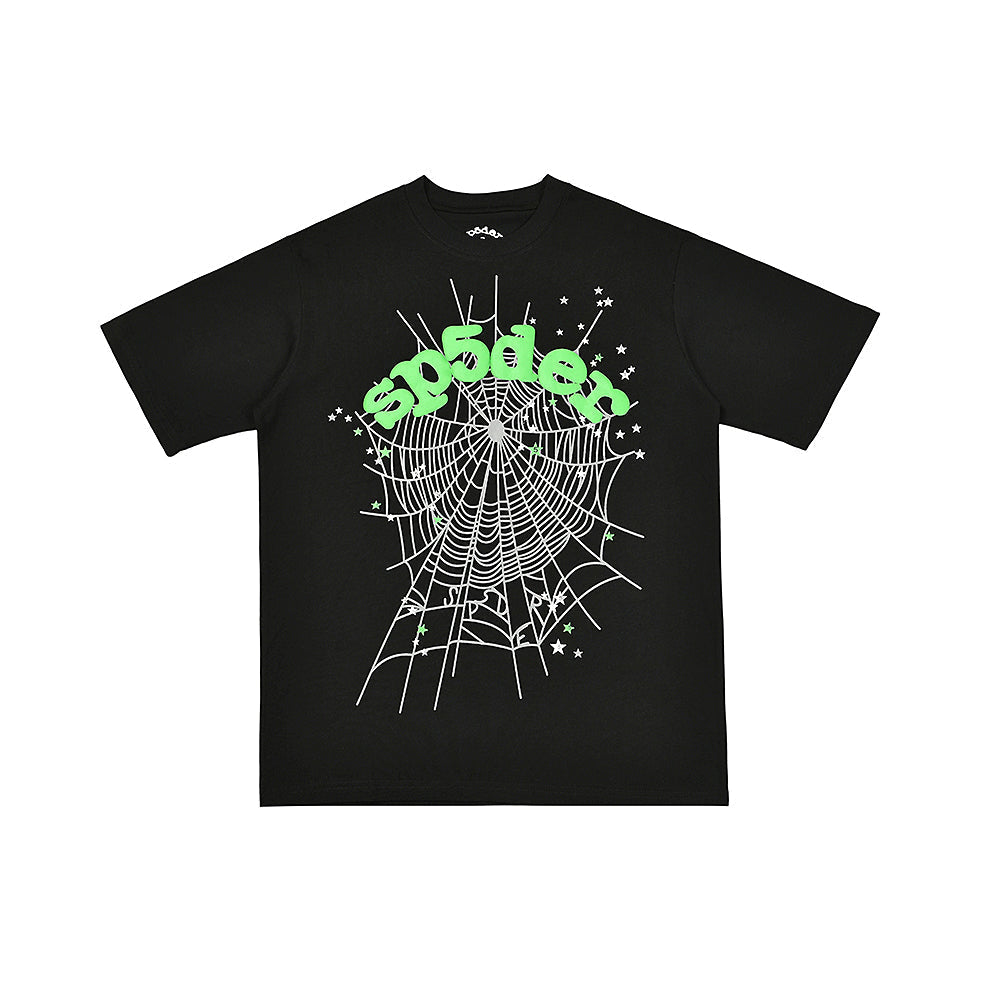 Sp5der Neon Green Spider Web Graphic T‑Shirt