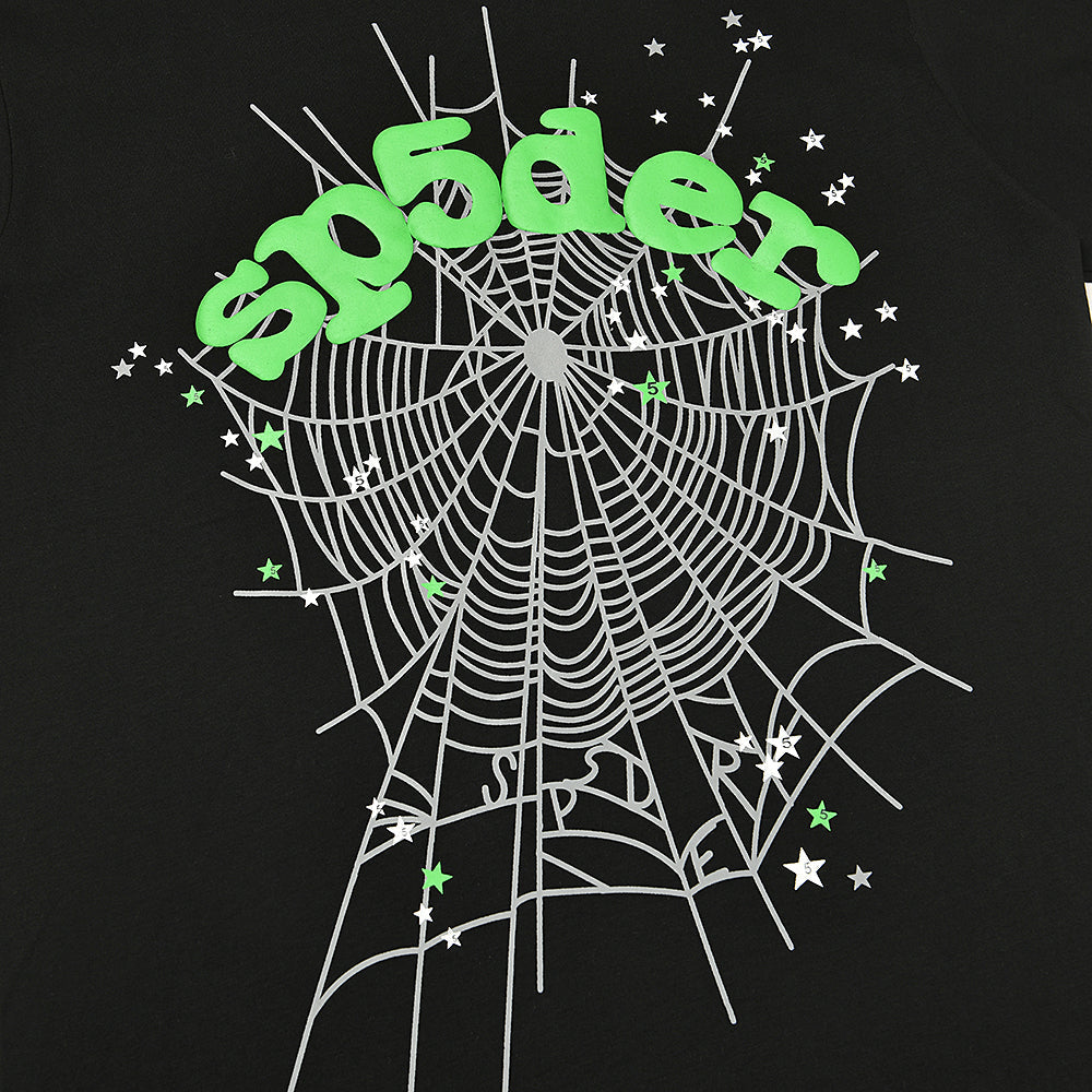 Sp5der Neon Green Spider Web Graphic T‑Shirt