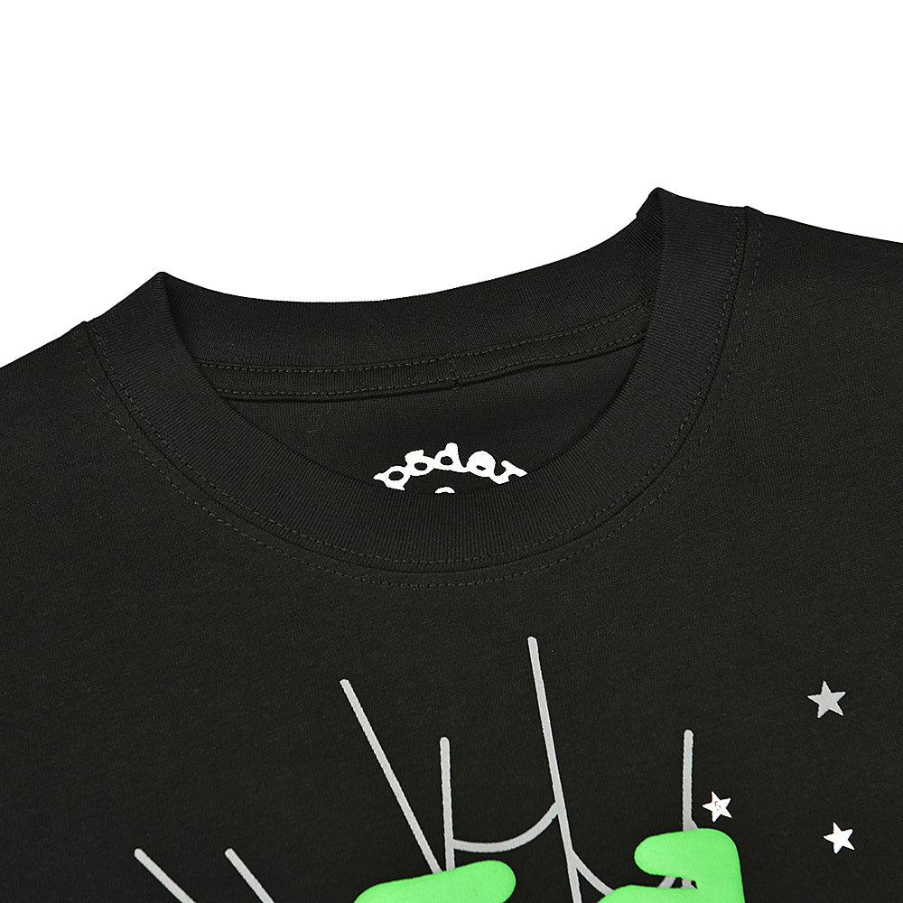 Sp5der Neon Green Spider Web Graphic T‑Shirt