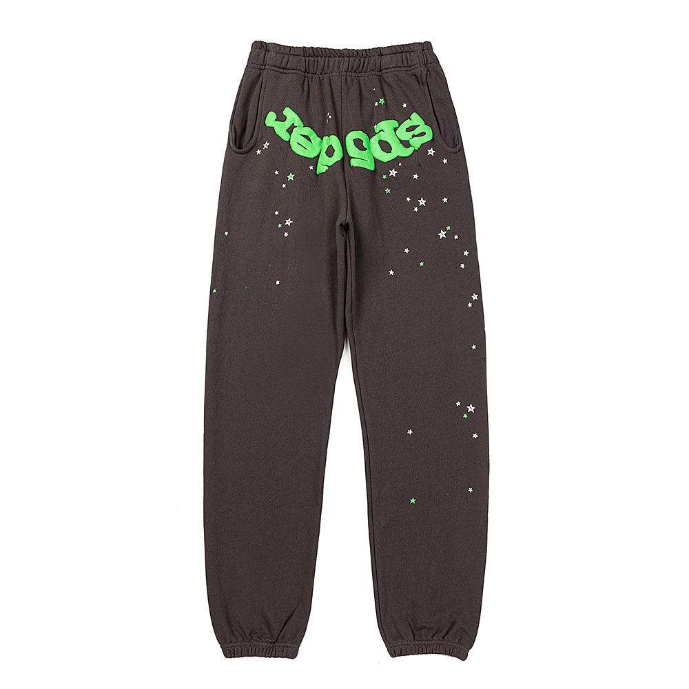 Sp5der Brown Neon Green Star Graphic Sweatpants