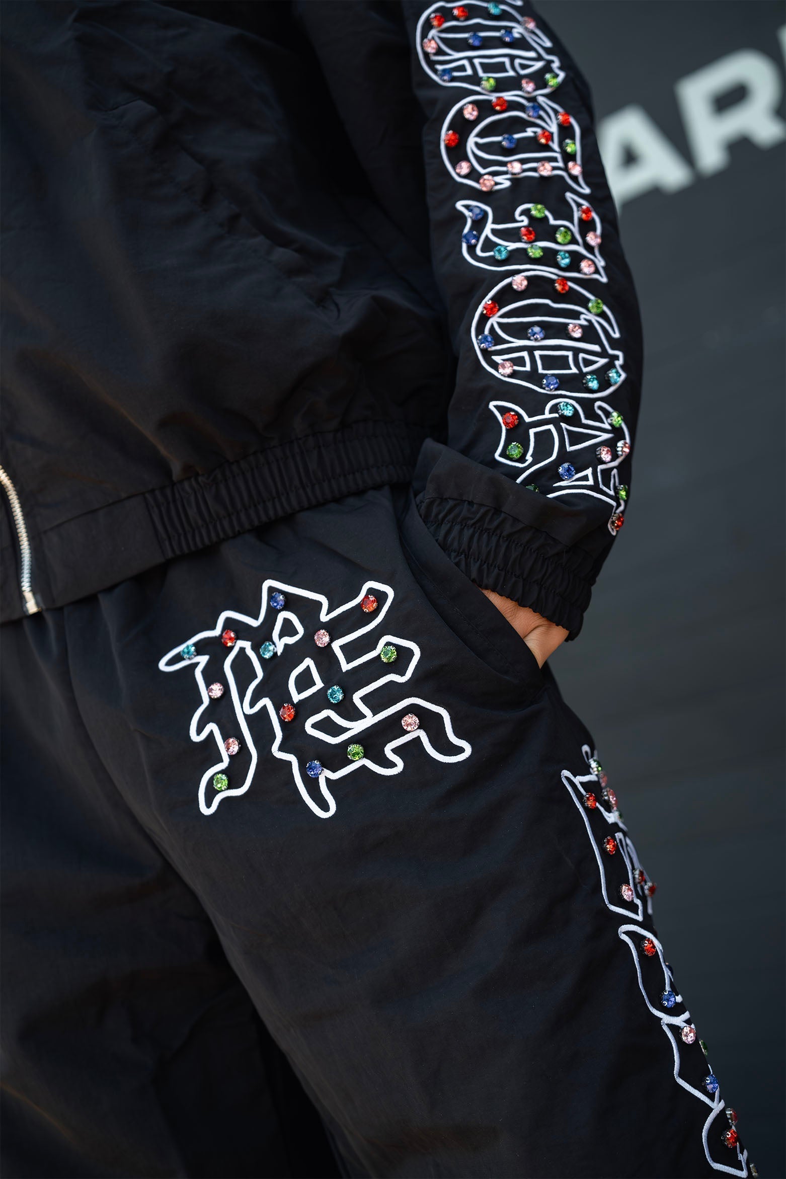 Mixed Emotion “ME” rhinestone Nylon Pants