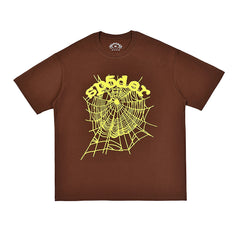 Sp5der Brown Yellow Spider Web Graphic T‑Shirt